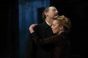 Adam Kotz (Manders) and Lesley Manville (Helene) in Ghosts at Trafalgar Studios. (Photo by Hugo Glendinning)