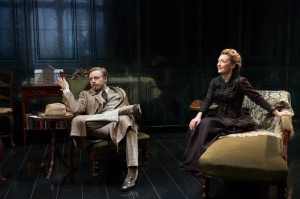 Jack Lowden (Oswald) and Lesley Manville (Helene) in Ghosts at Trafalgar Studios. (Photo by Hugo Glendinning)