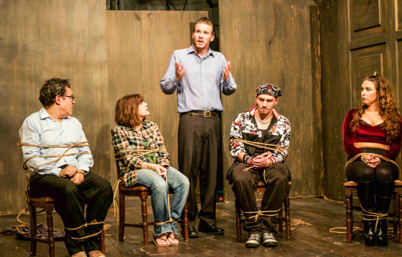 Frank Gallegos, Alison Quinn, Chris Lanehart, Kevin Herrmann and Paulina Gamiz in Stephen Adly Guirgis' Den of Thieves (photo by Daniel J. Sliwa Photography)