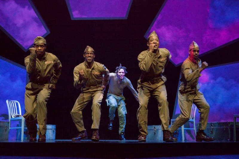 (L-R) Desmond Newson, Damian Thompson, Omar Edwards, Terrell Wheeler and Brooks Brantley in "FLY" at The Pasadena Playhouse. (Photo by Jim Cox Photography)