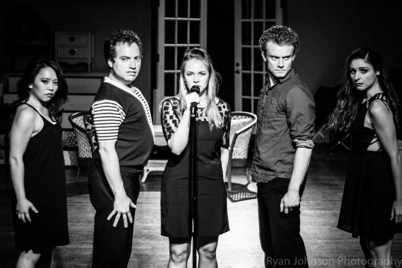 Miss Julie (Lindsey Newell, center) and her imaginary choral cohorts (Katie Kitani, Amir Levi, Mathew Emerick, Alexis DeDonato). (photo by Ryan Johnson Photography)