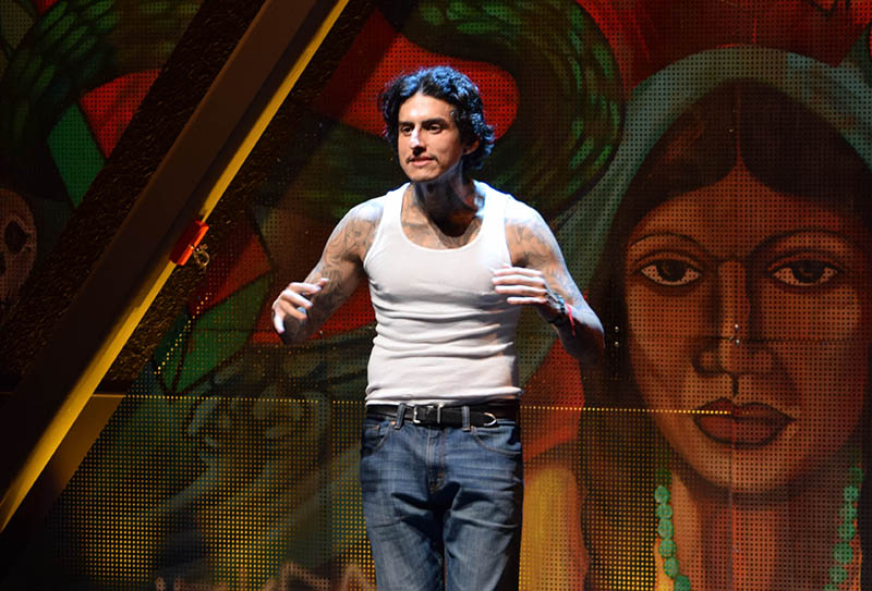 Ex-gang member/actor Richard Cabral in the world premiere of the autobiographical solo drama Fighting Shadows at Inner City Arts (photo by Chelsea Sutton)