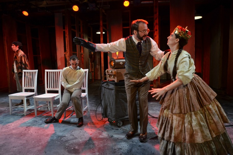 Tyler Bremer, Andrew Eldredge, Thaddeus Shafer, and Alexis Jones in Four Clowns’ Lunatics & Actors at the Shakespeare Center of Los Angeles (photo by Andrew Eiden)