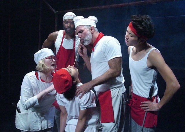 Ann Colby Stocking, Theo Perkins, Susana Batres, Joseph Kamal and Justin H. Min in The Golden Dragon at The Theatre at Boston Court (photo by Ed Krieger)