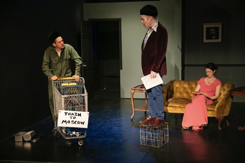 Adam Tomei, Brian Wallace, and Claire Winters in G.D. Kimble's Locomotive Repair in Three Easy Steps at The Dorie Theatre at the Complex (photo by Lance Dawes Photography)