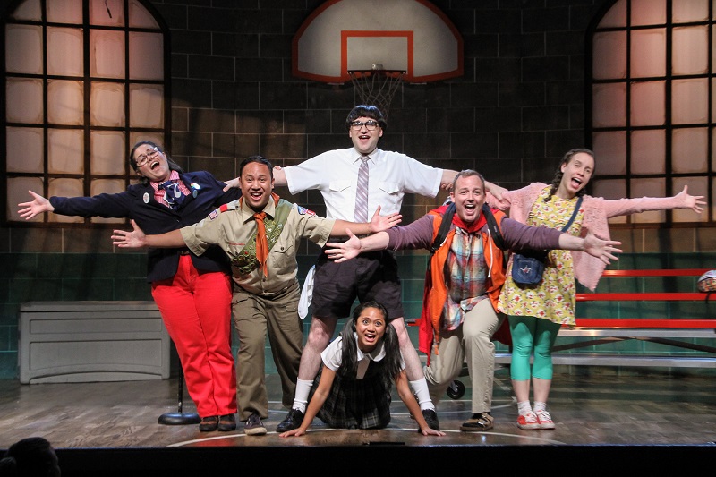 Hannah Leventhal, Joey Acuna Jr., Stanton Kane Morales, Joy Regullano (at bottom), Robert Michael Parkinson and Cristina Gerla in The 26th Annual Putnam County Spelling Bee at the Sierra Madre Playhouse. (photo by John Dlugolecki)