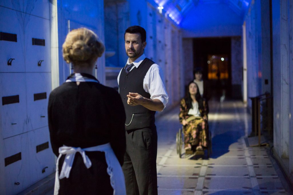 McKenzie Eckels, Michael Perl, Hannah Whiteoak and Brooke Clendenen in “The Shadowy Third”, part of Unbound Productions's Wicked Lit 2016 at Mountain View Mausoleum. (Photo by Daniel Kitayama)