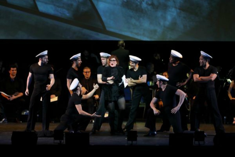 Faith Prince and the male dance chorus in  Wonderful Town, LA Opera at the Dorothy Chandler Pavilion. (Photo by Craig T. Mathew)