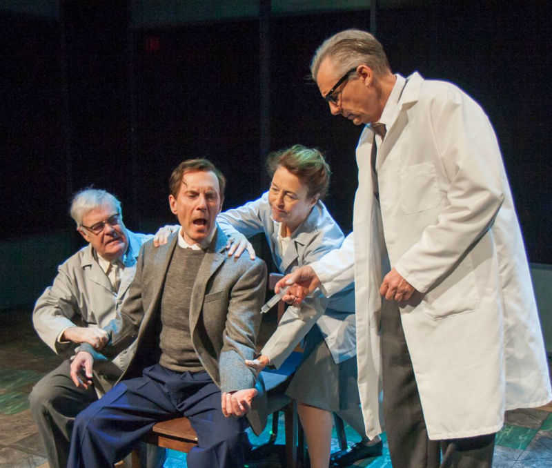 Phil Proctor, playwright and star Dan Castellaneta, Gail Matthius, and Jonathan Stark in For Piano and Harpo at the Falcon Theatre. (Photo by Sasha A Venola)