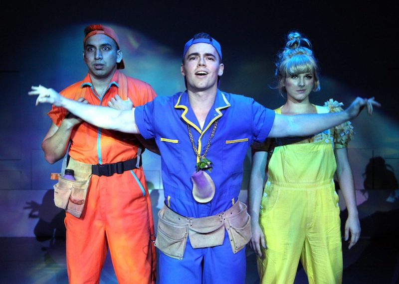 Andrew Puente, Beau Brians and Monika Pena in Claudio Quest at the Chance Theater. (Photo by Doug Catiller, True Image Studio.)