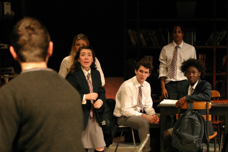 Kenney Selvey (back to camera), Miranda Wynne (obscured), Story Slaughter, Nick Marini, Jacob B. Gibson and Raven Scott in Punk Rock at the Odyssey Theatre (Photo by Enci Box)