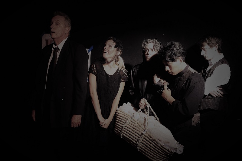 James J. Cox, Jessica Barrett Denison, Melissa Virgo, Thomas Velasquez and Benjamin Cramer in Pirandello's Six Characters in Search of an Author at the Archway Studio Theatre. (Photo by Elias McCabe.)