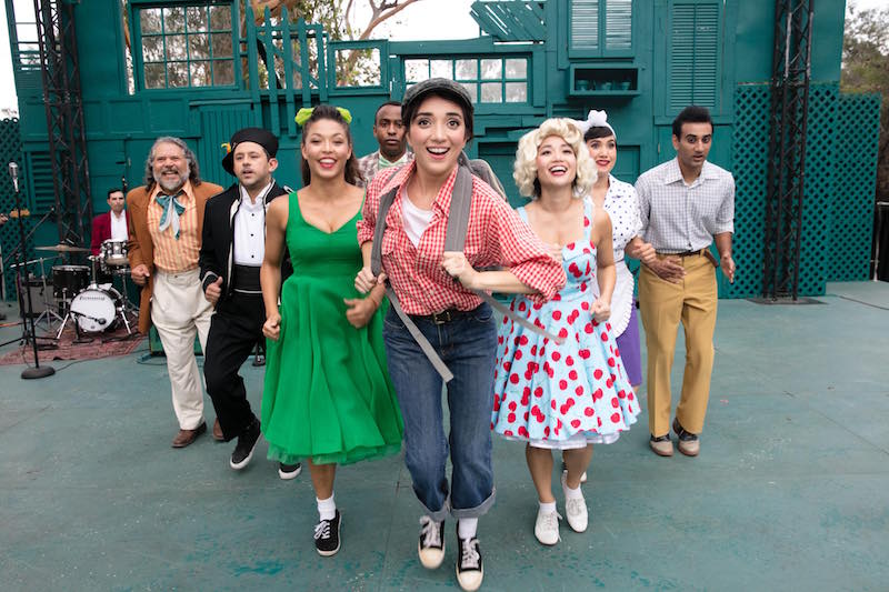 Erika Soto (front center) and the cast of the INDEPENDENT SHAKESPEARE CO. production of The Two Gentlemen of Verona directed by David Melville and now playing at the Old Zoo at Griffith Park (photo by Grettel Cortes)