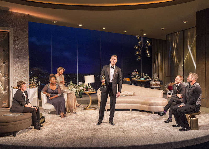 Tom Phelan, Kecia Lewis, Wendie Malick, Brian Hutchison, Max Jenkins and Luke Macfarlane in Big Night at the Kirk Douglas Theatre. (Photo by Craig Schwartz)