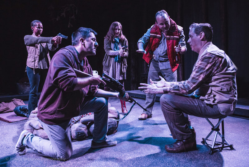 Tracey A. Leigh, Joe Hernandez-Kolski, Heather Roberts, Scott Golden and  Eric Curtis Johnson in Mr. Burns, a post-electric play from Sacred Fools Theater Company. (Photo by Jessica Sherman Photography)