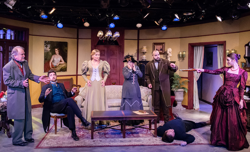 The ensemble in Resolving Hedda, at the Victory Theatre. (Photo by Tim Sullens)