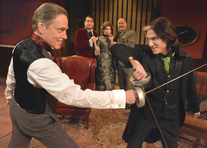 Martin Thompson, Scott Facher, Melissa Collins, John Wallace Combs and Dave Buzzotta in Sherlock Holmes and the Case of the Jersey Lily at Theatre 40. (Photo by Ed Krieger)