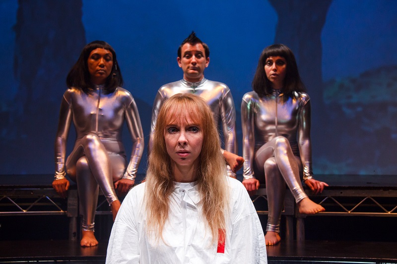 Natasha St. Clair Johnson (foreground); Megan Kim, Jeffrey Gardner, and Alicia Rose Ivanhoe (background) in Gordon Dahlquist's Wake at City Garage.