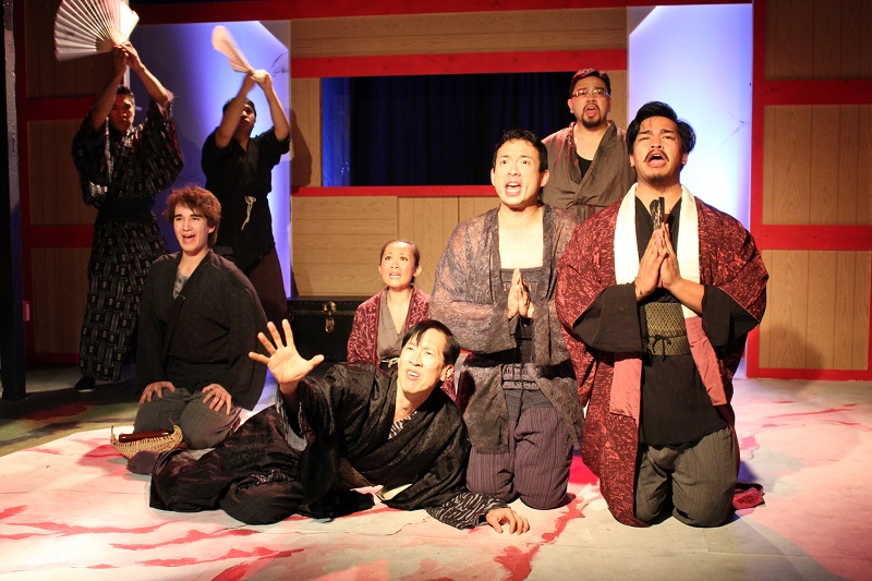 From left to right: Front Row, Kevin Matsumoto, Paul Wong, Julia May Wong, Daniel Koh, Marcel Licera, Peter Jeensalute. Rear: Cesar Cipriano and Daryl Leonardo in Pacific Overtures at the Attic Theatre. (Photo by Ederson Vasquez)