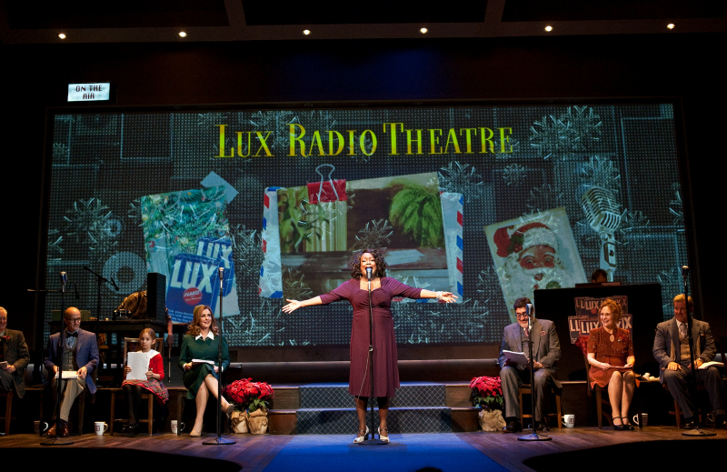 Michael Chieffo, Jim Rash, Jeff Gardner, Cecilia Witt, Peri Gilpin, Yvette Cason, Alfred Molina, Ryan Johnson, Beth Grant and Larry Poindexter in Miracle on 34th Street at the Pasadena Playhouse. (Photo by Nick Agro)