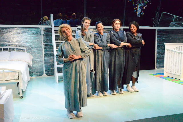 Janellen Steininger, Meg Cashel, Jennie Kwan, Lana Rae Jarvis, and Teri Gamble in Adrienne Dawes’ Denim Doves at Sacred Fools Theatre. (Photo by Jessica Sherman)