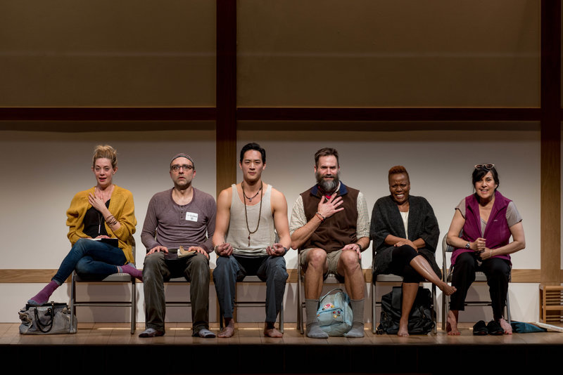 Brenna Palughi, Ben Beckley, Edward Chin-Lyn, Connor Barrett, Cherene Snow, and Socorro Santiago in Small Mouth Sounds at the Eli & Edythe Broad Stage. (Photo by Ben Gibbs)