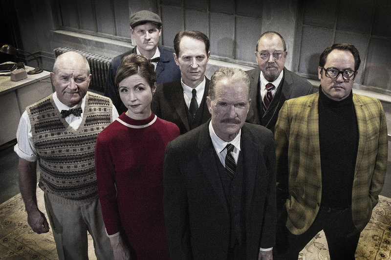 Steve Hofvendahl, Melanie Lora, John Bobek, Leo Marks, Josh Clark, Gregory Itzin and Adrian LaTourelle in The Hothouse at the Kiki & David Gindler Performing Arts Center. (Photo by Geoffrey Wade Photography)