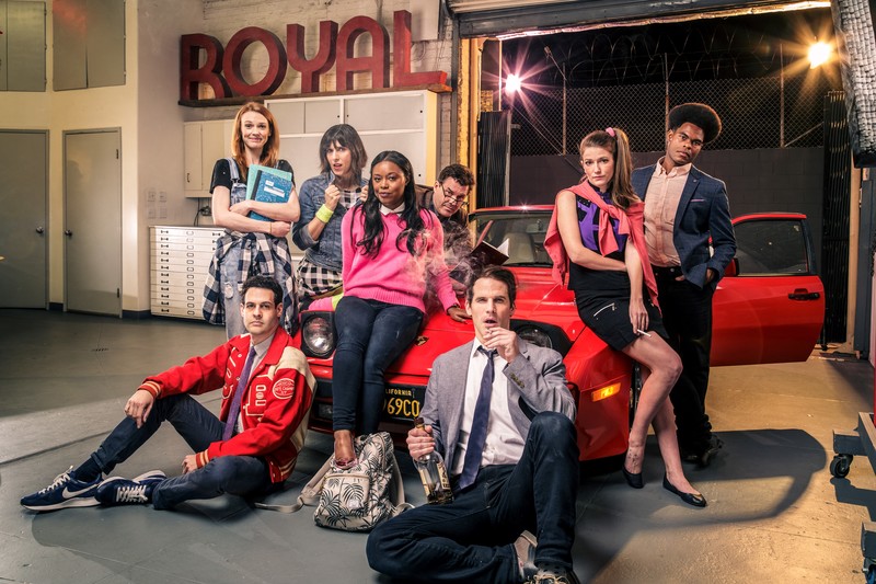 L-R: Andrew Leeds, Anne Lane, Edi Patterson, Lyric Lewis, Laird Macintosh, Ryan Gaul, Emily Pendergast, and Julian Gant in Sweet Valley Groundlings at the Groundlings Theatre.  (Photo courtesy of The Groundlings)