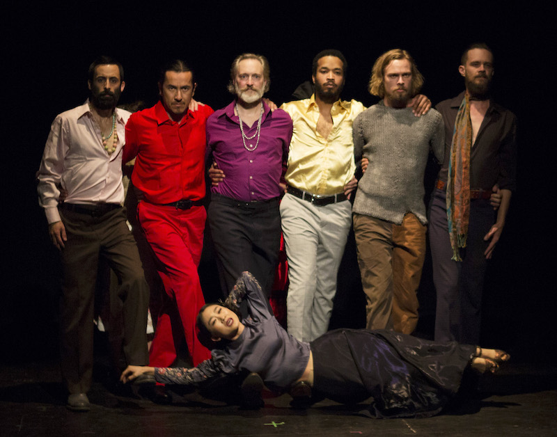 Mark Skeens, David Guerra, Mark Doerr, Lamont Oakley, Kasper Svendsen, Jesse Myers, and (reclining) Prisca Kim in Grail Project from Theatre Movement Bazaar. (Photo by Eric Gutierrez)