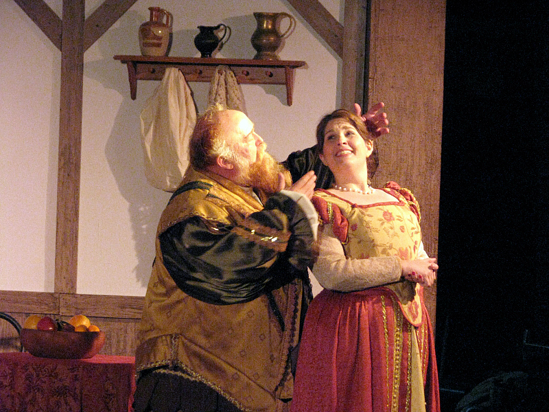 John Eddings and Hillary Weintraub in The Merry Wives of Windsor, Archway Theatre Company at Woodbury University's Enkeboll Courtyard. (Photo by Steven Sabel)