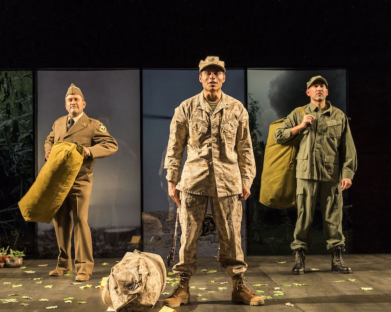 Rubén Garfias, Peter Mendoza and Jason Manuel Olazábal in Elliot, A Soldier’s Fugue at the Kirk Douglas Theatre. (Photo by Craig Schwartz)