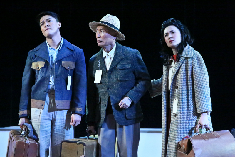 Ethan Le Phong, George Takei, and Elena Wang in Allegiance, East West Players at the Aratani Theatre. (Photo credit: Michael Lamont)