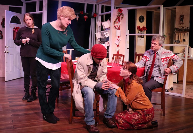 Kaitlin Huwe, Meeghan Holoway, Erica Mathlin, Stephanie Erb and Chet Grissom in Through the Eye of a Needle at the Road Theatre on Lankershim. (Photo by Brian M. Cole)