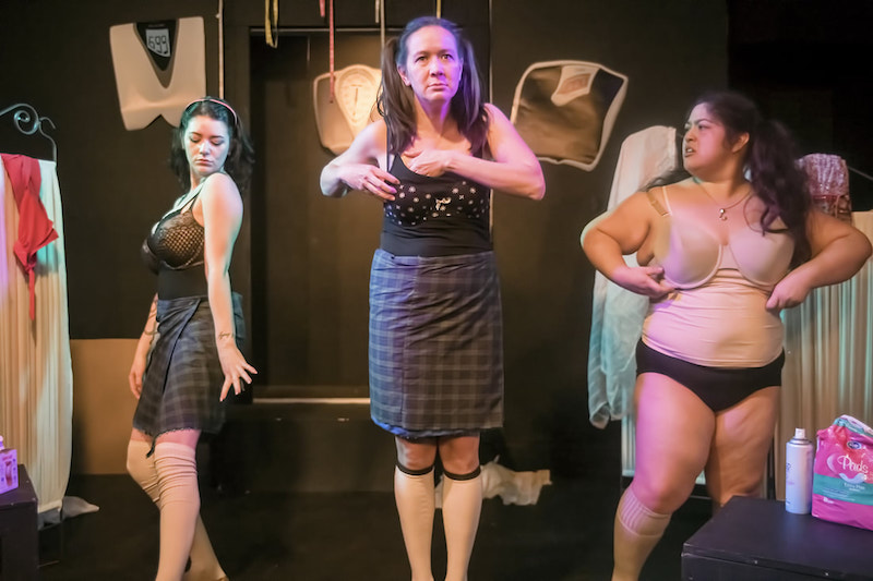 Elisabeth Blake, McKenzie Eckles and  Gloria Galvan in Crack Whore, Bulimic, Girl-Next-Door  at The Belfry. (Photo by Clarence Alford Photography)