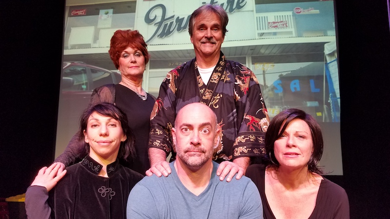 Front (left to right): Jessica Pohly, Alex Skuby and Mo Collins; and back (left to right): Peggy Maltby Etra and Robert Mangiardi in Howard Skora's Damaged Furniture at the Whitefire Theatre. (Photo by Jim Fall)