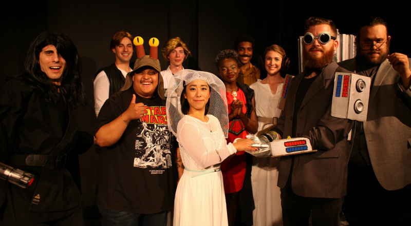 Alex Lewis, Jordan Stidham, John Ryan, Sean Draper, Kaitlyn Tanimoto, Selorm Kploanyi, Keenan Montgomery, Michelle Wicklas, Hughie Stone Fish and Ari Stidham in Stidley Theatrical's Solo Must Die: A Musical Parody at the Hudson Backstage Theatre. (Photo by Aaron Tocchi.)