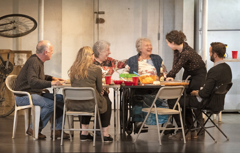 Reed Birney, Cassie Beck, Jayne Houdyshell, Lauren Klein, Sarah Steele and Nick Mills in Stephen Karam's The Humans at The Ahmanson Theatre. (Photo by Lawrence K. Ho)