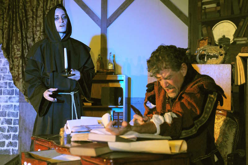 Benjamin Cramer and Eric Castro in Faustus at Woodbury University Library. (Photo by Elias McCabe)