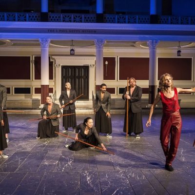 L to R: Roshni Shukia, Stephen Duff Webber, Barney O'Hanlon, J. Ed Araiza, Akiko Aizawa, Samuel Stricklen, Leon Ingulsrud, and Ellen Lauren in Aaaron Poochigian's translation of Euripides's Bacchae. (Photo by Craig Schwartz)