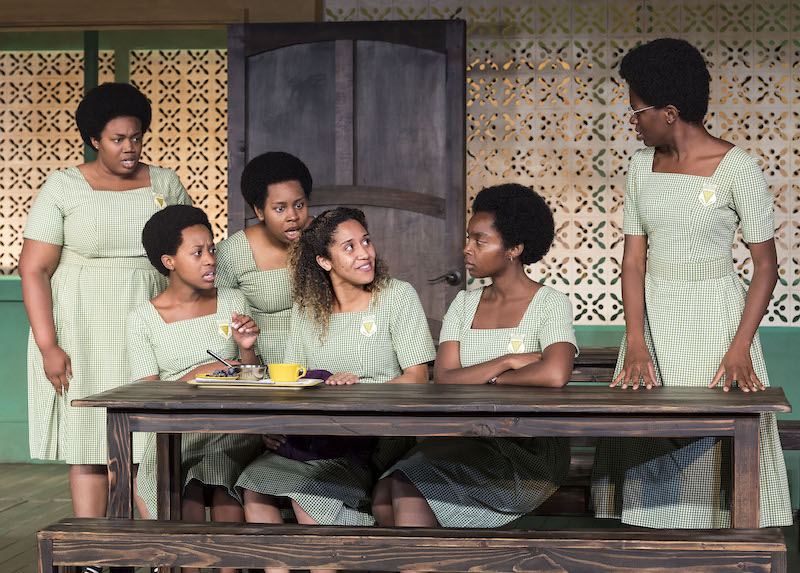 Abena Mensah-Bonsu, Mirirai Sithole, Paige Gilbert, Joanna A. Jones, MaameYaa Boafo and Latoya Edwards in Jocelyn
Bioh's School Girls; or, the African Mean Girls Play by MCC Theater at the Kirk Douglas Theatre. (Photo by Craig Schwartz)