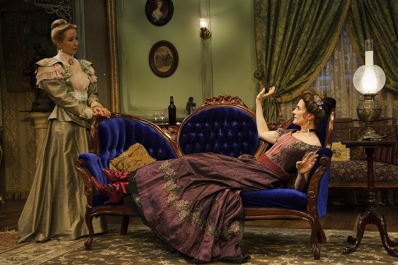 Jocelyn Towne and Deborah Puette in Lillian Hellman’s The Little Foxes by Antaeus Theatre Company at the Kiki & David Gindler Performing Arts Center. (Photo by Geoffrey Wade Photography)