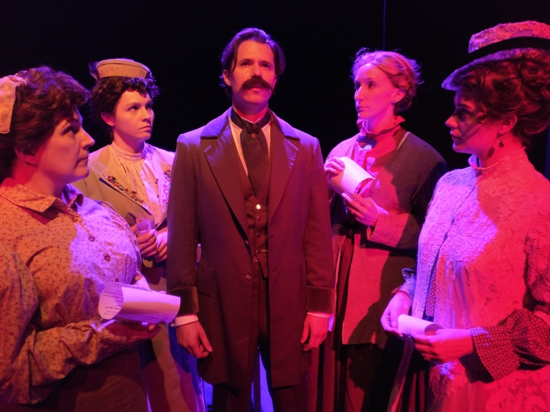 Jennifer Novak Chun, Nathalie Rudolph, Eric Keitel, Tanya Raisa, and McKenzie Eckels in John Strysik’s Villainy by VP Productions and Whitefire Theatre at the Whitefire Theatre. (Photo by John Strysik)