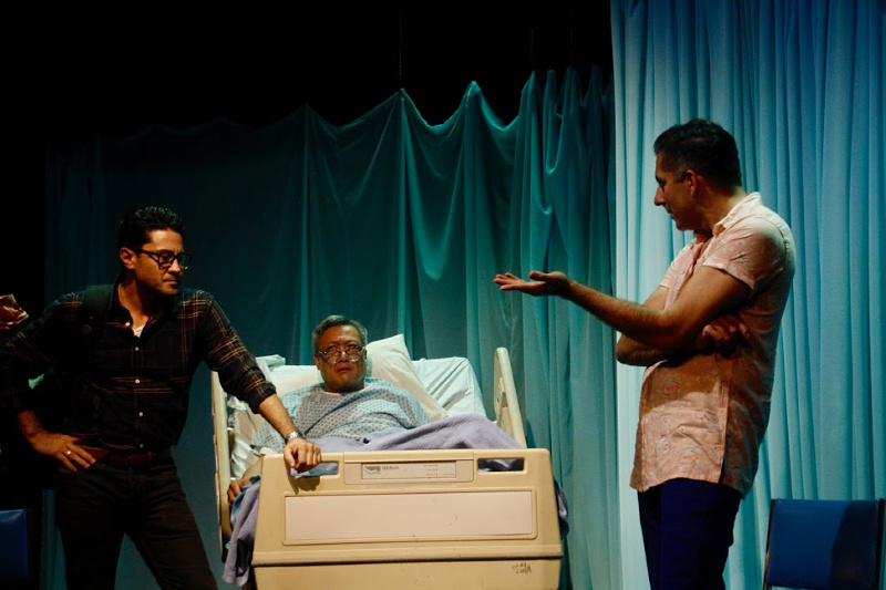 Justin Huen, Kelvin Han Yee, Sunil Malhotra in Eric Reyes Loo’s Death and Cockroaches by Chalk Repertory Theatre at the Atwater Village Theater. (Photo by Peter Wylie)