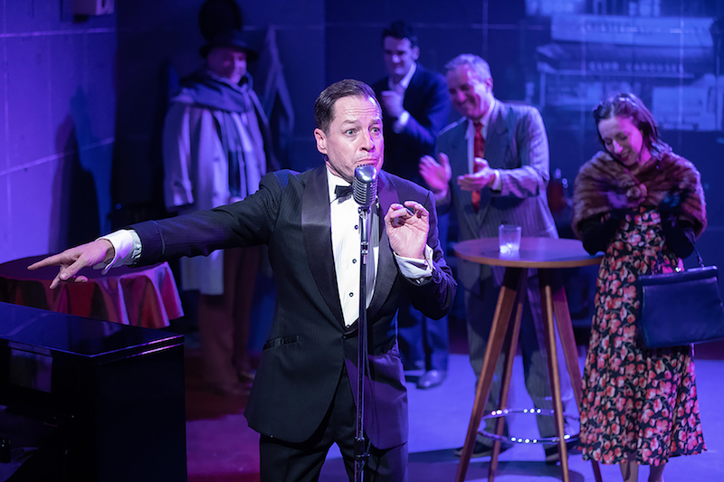 Foreground: French Stewart; Background (L to R): Thomas Fiscella, Stephen Tyler Howell, Bruce Nozick and Vanessa Stewart in Joe Gilford's Finks by Rogue Machine at the Electric Lodge. (Photo by John Perrin Flynn)