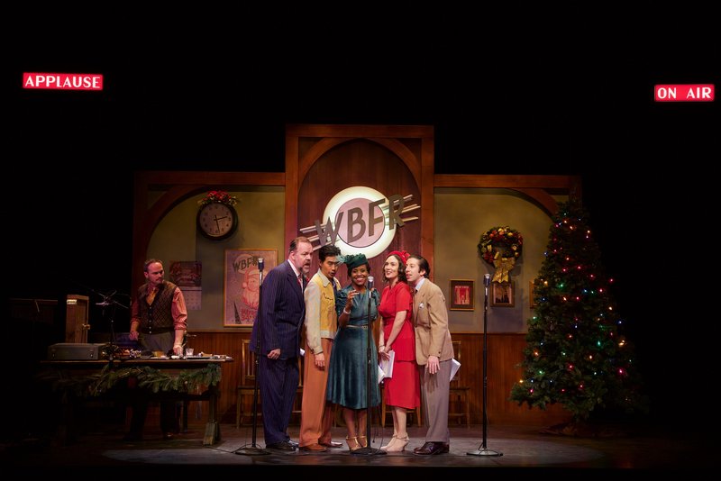 Jeff Gardner, Rob Nagle, Ryun Yu, Haneefah Wood, Rebecca Mozo and Simon Helberg in Joe Landry's It's a Wonderful Life: A Live Radio Play at the Pasadena Playhouse. (Photo by Brick Patrick)