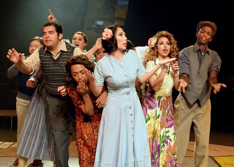 Marcel Licera, José Alejandro Hernandez, Jr., Yvette Karla Herrera, Jackie Marriott, Roberta H. Martínez, Megumi Kabe, Joe Luis Cedillo, Ángel Juarez, and Raymond Watanga in Josefina López, Corky Dominguez and the ensemble's Remembering Boyle Heights at CASA 0101 Theater. (Photo by Ed Krieger)