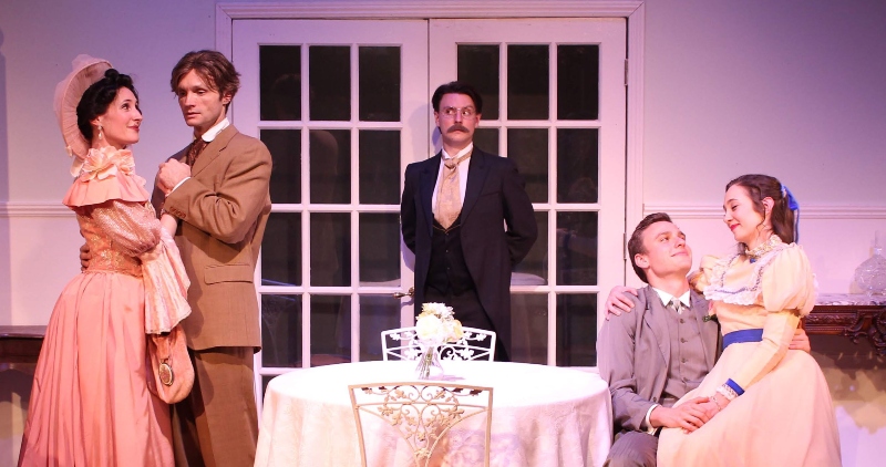 Riegan Sage, Hans Obma, Will Potter, Bobby Slaski, and Megan Cochrane in Oscar Wilde's The Importance of Being Earnest at Crown City Theatre. (Photo by Chris Greenwell)