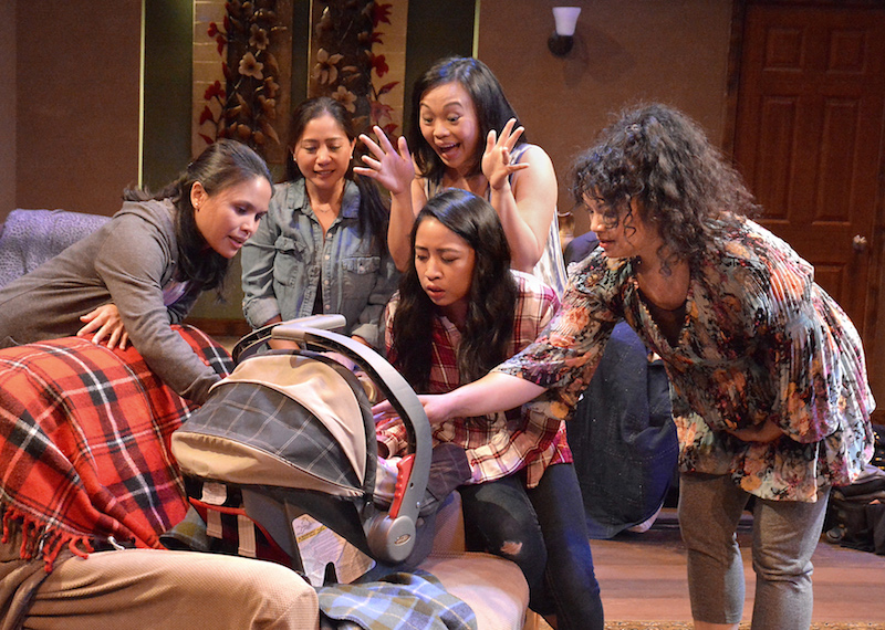 Samantha Valdellon, Angela T. Baesa, Sandy Velasco, Arianne Villareal, Toni Katano in Boni B. Alvarez's America Adjacent at the Skylight Theatre. (Photo by Ed Krieger)