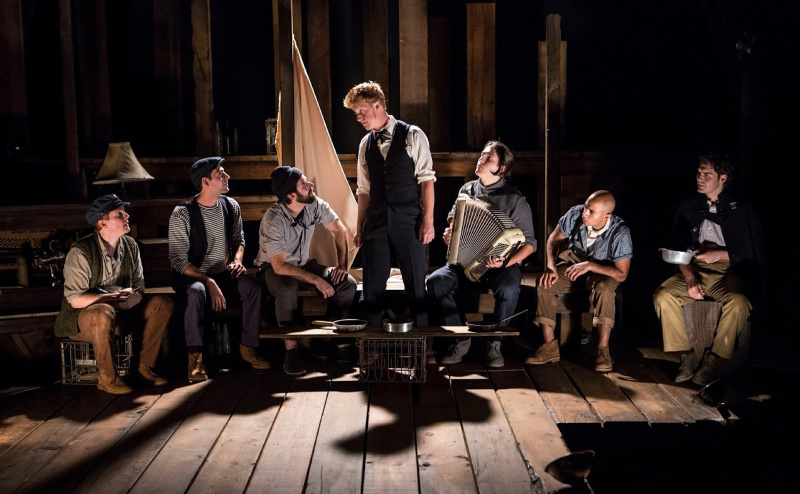 Ryan Melia, Curtis Gillen, Ben Ferguson, Matt Nuernberger, Dan Weschler, Arya Shari, and Alex Falberg in PigPen Theatre Co.'s The Old Man and The Old Moon at the Bram Goldsmith Theater at the Wallis Annenberg Center for the Performing Arts. (Photo by Kevin Parry)