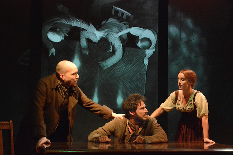 Brian Wallace, Michael Trevino and Lola Kelly in Crime and Punishment at the Edgemar Center. (Photo by Ed Krieger)